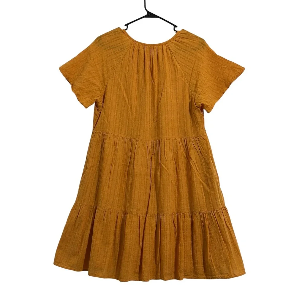 Knox Rose Mustard Yellow Tiered Babydoll Dress Cotton Gauze V-Neck Women's M - Picture 2 of 7